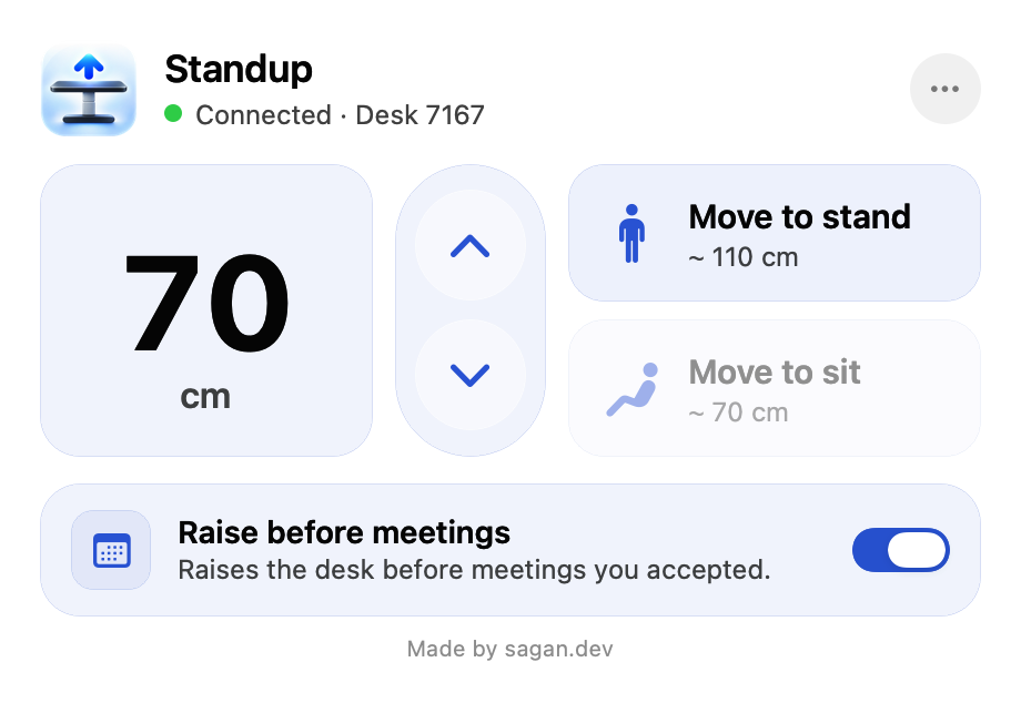 Standup popover: current desk height, raise and lower buttons, stand and sit presets, and the meeting automation card